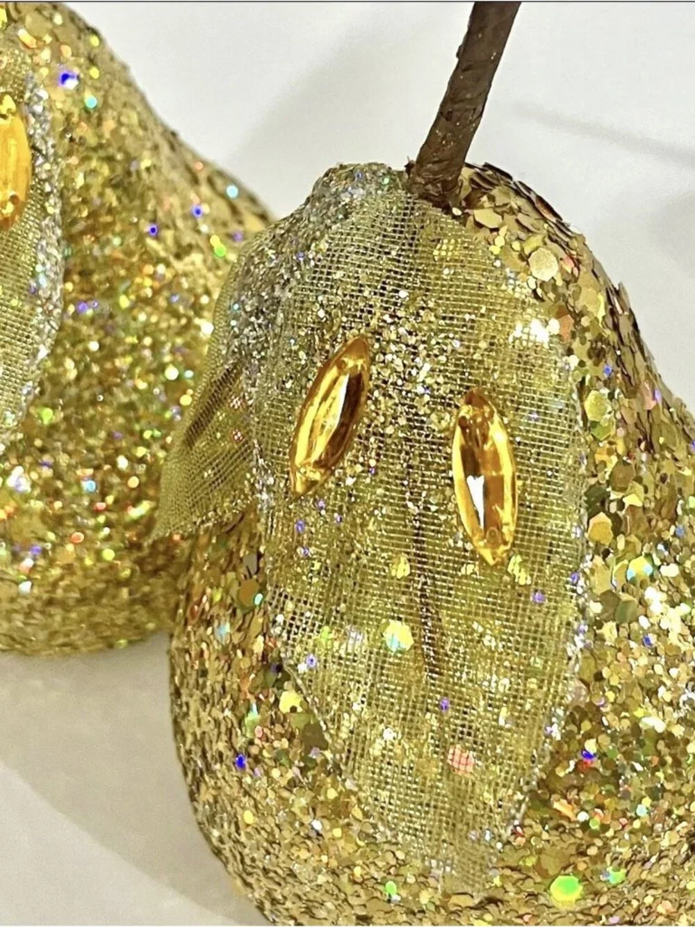 4 Sequin Gold Pear Faux Fruit Jewel Glitter Leaves Decorative Holiday Decor 5”